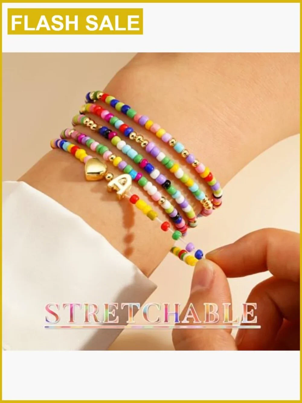 Colorful Beaded Initial Bracelets for Girls, Stretch Heart Letter Bracelet Set,